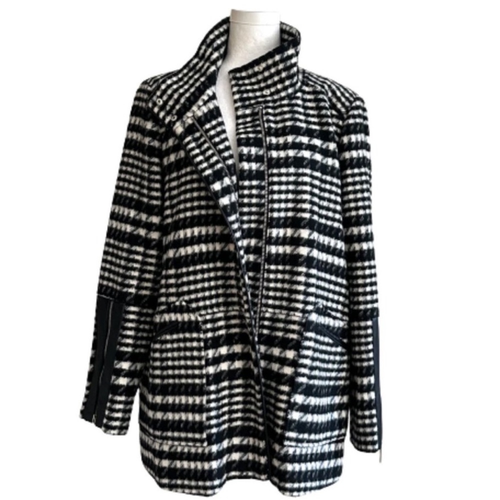 Rafaella Black & White Brushed Plaid, Faux Leather Detail Outerwear Coat